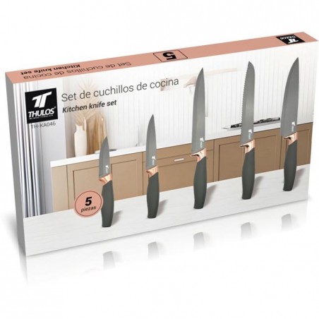 Confezione Set di 5 coltelli con lama in acciaio inox antiaderente.	