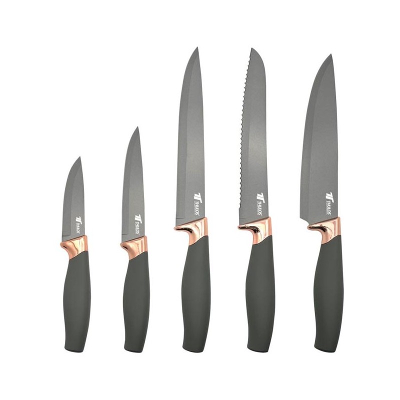 Packung mit 5 Messern mit antihaftbeschichteter Klinge aus rostfreiem Stahl.