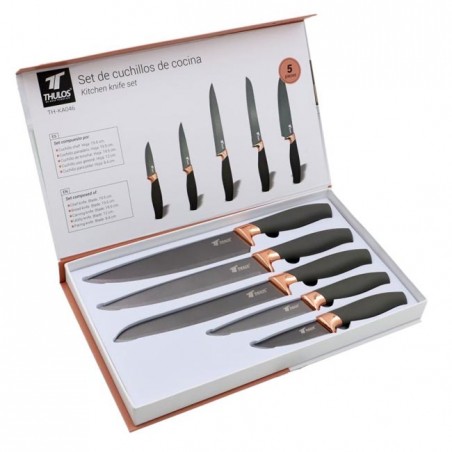 Pack Set de 5 cuchillos con hoja de acero inoxidable antiadherente.