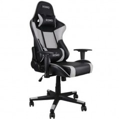Julieta Professional Gaming Chair. Black and white. 180° tilt, adjustable height, and lumbar and cervical cushions.