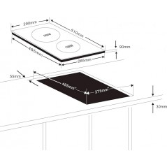 Placa vitrocerâmica de dupla indução, 2000W+1300W, com 8 níveis de potência, 51x29x9 cm, preta