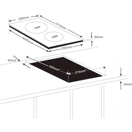 Placa vitrocerámica inducción Dual, 2000W+1300W, con 8 niveles de potencia, 51x29x9 Cm, Negro