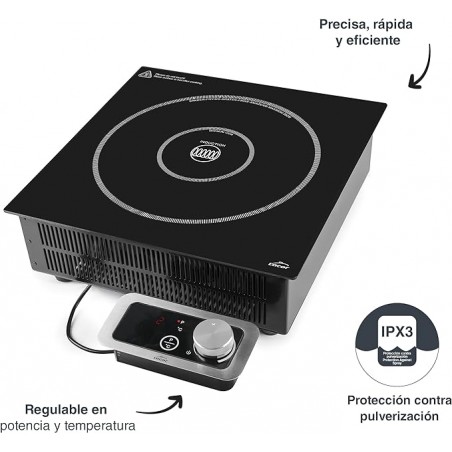 Placa de Indução Portátil, 10 Níveis de Potência, Adequada para Diâmetros entre Ø12 cm e Ø28 cm, 3500W, Aço Inox, Preto)