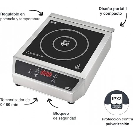 Inducción Portátil,  Control Táctil, 17 Niveles de Potencia, Dos Fuegos 12 y 28 cm, INOX, Negro, Potencia 3500W