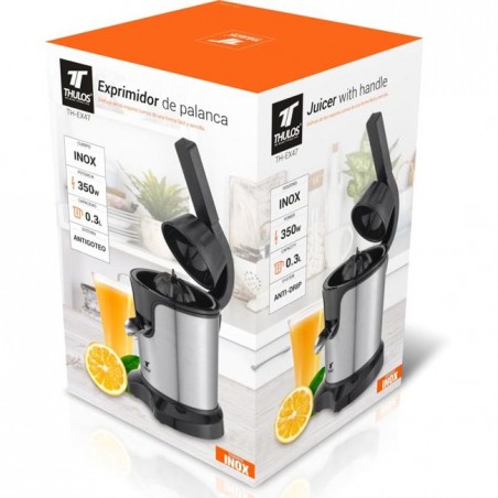 Extracteur de jus à levier THULOS 350W, corps en acier inoxydable, capacité de 0,3 litre.