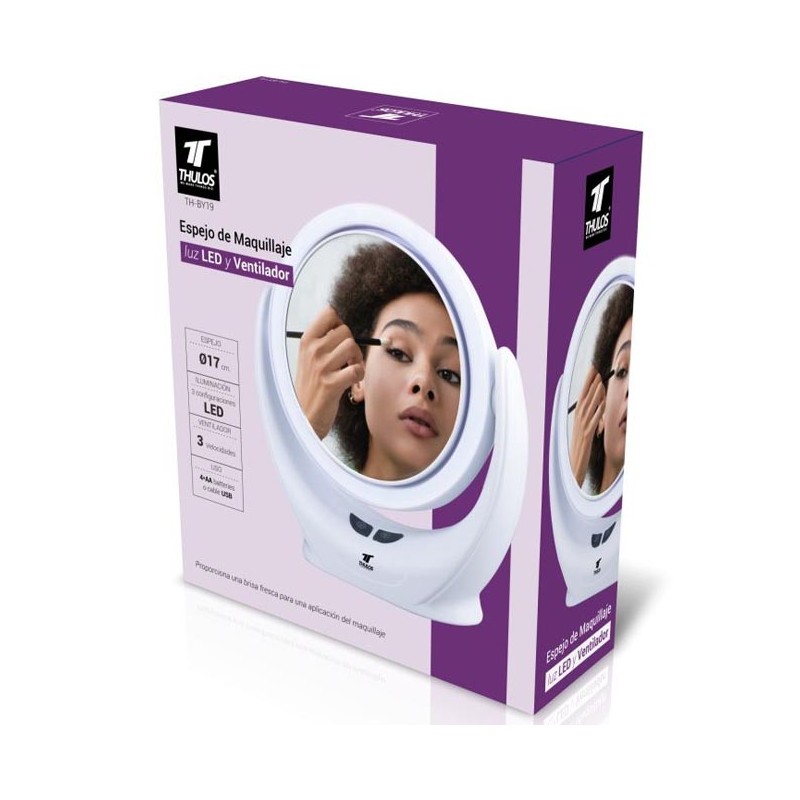 Espelho de maquiagem THULOS com luz LED e ventilador.