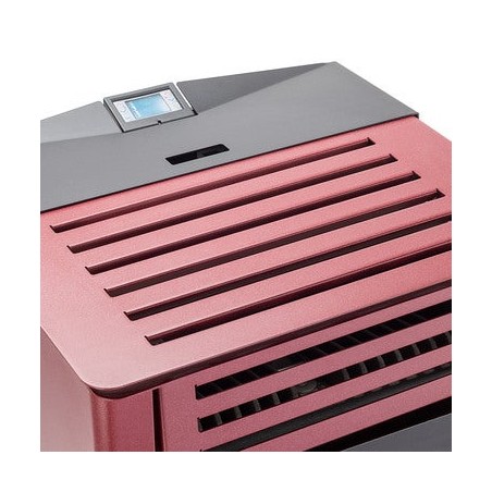 Poêle à granulés Ferroli Omega 10 kW. Efficacité et design supérieurs avec surface chauffante. Couleur rouge.