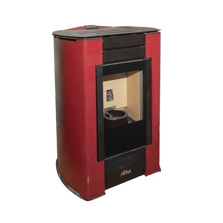 Poêle à granulés Ferroli Penelope 14,1 kW. Efficacité et design supérieurs avec surface chauffante. Couleur rouge.