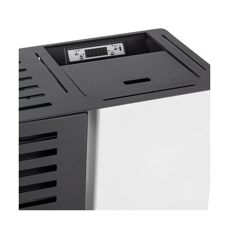 Salamandra a pellets Ferroli Atlas de 9 kW. Eficiência e design superiores com superfície aquecida. Branca.