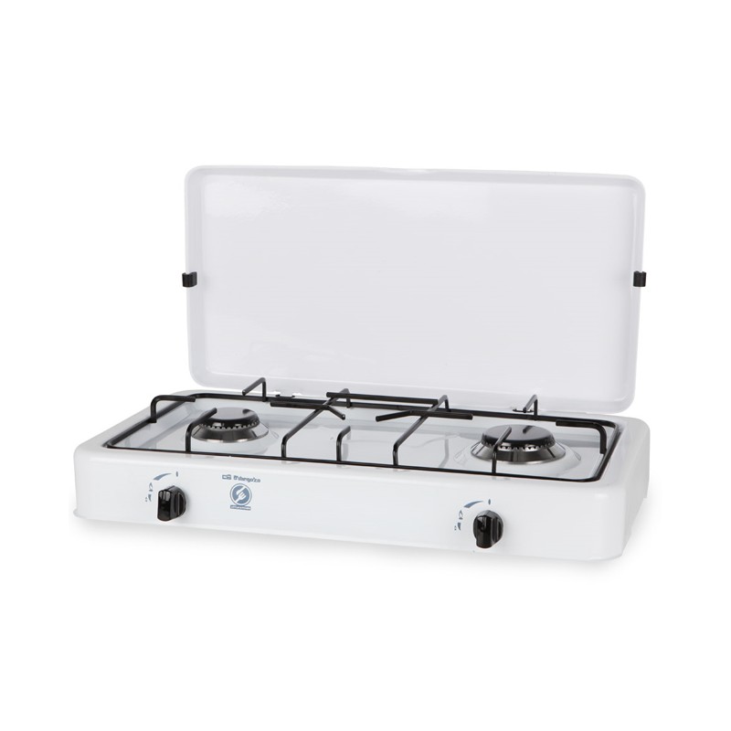 Gas stove, white enamelled finish, 2 burners with black enamelled burners, burners: 1400W and 1900W Gas stove, white enamelled finish, 2 burners with black enamelled burners, burners: 1400W and 1900W