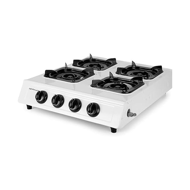 Fogão a gás, gás butano ou propano, ignição piezoelétrica, quatro queimadores de coroa tripla, uso externo, antiderrapante Fogão a gás, gás butano ou propano, ignição piezoelétrica, quatro queimadores de coroa tripla, uso externo, antiderrapante