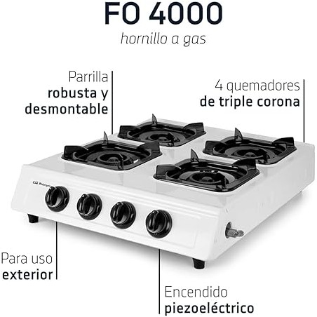 Fogão a gás, gás butano ou propano, ignição piezoelétrica, quatro queimadores de coroa tripla, uso externo, antiderrapante