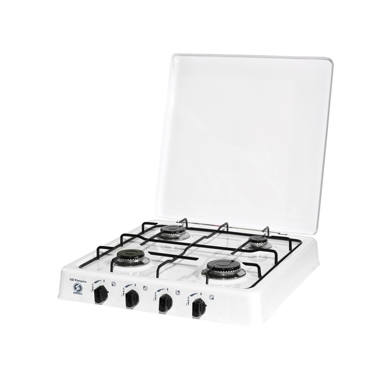 Cuisinière à gaz, finition émaillée blanc, 4 feux avec brûleurs émaillés noir, brûleurs : 740W, 1400W, 1400W et 1900W	