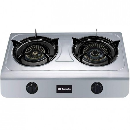 Fogão a gás para uso externo com 7700W de potência, adequado para butano e propano, possui dois queimadores de coroa tripla