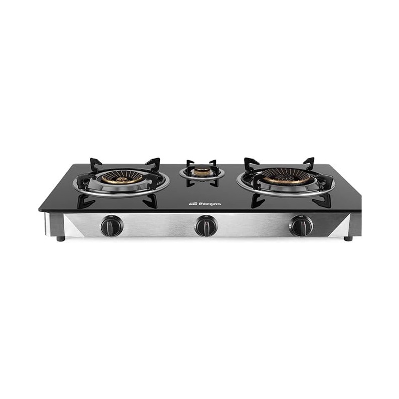 Cuisinière à gaz, 3 brûleurs triple couronne, allumage piézoélectrique, surface en verre trempé, corps en acier inoxydable