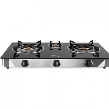 Cuisinière à gaz, 3 brûleurs triple couronne, allumage piézoélectrique, surface en verre trempé, corps en acier inoxydable	