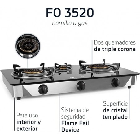 Gas Stove, 2 Triple Crown Burners, Piezoelectric Ignition, Tempered Glass Surface, Stainless Steel Body