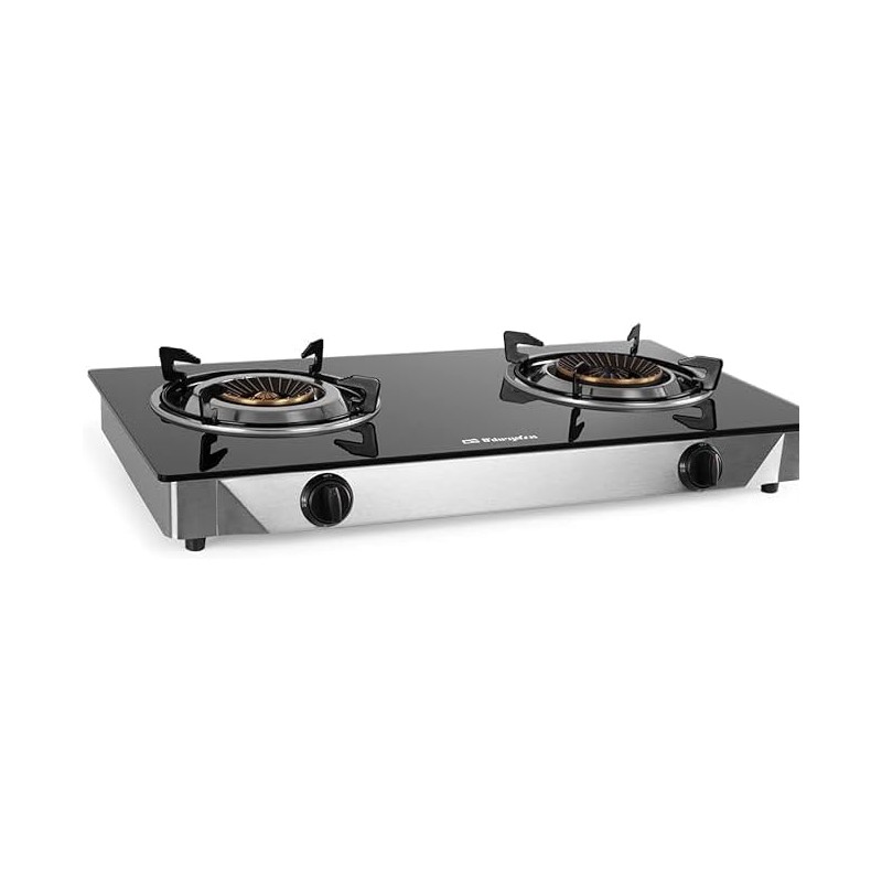 Cuisinière à gaz, 2 brûleurs triple couronne, allumage piézoélectrique, surface en verre trempé, corps en acier inoxydable	