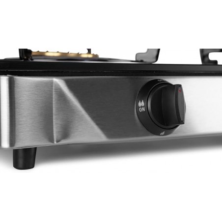 Gas Stove, 2 Triple Crown Burners, Piezoelectric Ignition, Tempered Glass Surface, Stainless Steel Body