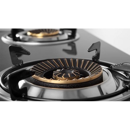 Cuisinière à gaz, 2 brûleurs triple couronne, allumage piézoélectrique, surface en verre trempé, corps en acier inoxydable