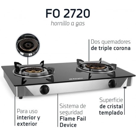Gas Stove, 2 Triple Crown Burners, Piezoelectric Ignition, Tempered Glass Surface, Stainless Steel Body
