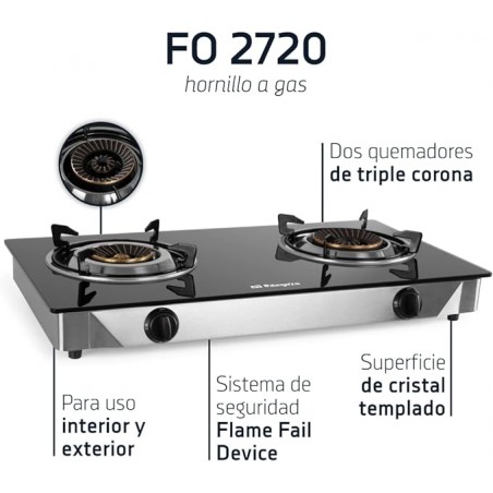 Hornillo A Gas, 2 Quemadores De Triple Corona, Encendido Piezoeléctrico, Superficie De Cristal Templado, Cuerpo Inox