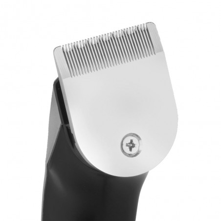 Tondeuse à cheveux électrique rechargeable. Étanche. 5 positions de coupe. Tête et lames amovibles. Lame en acier inoxydable.