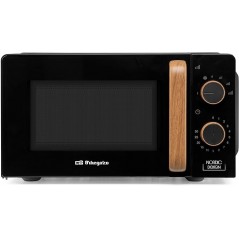Micro-ondas com capacidade para 20 litros, 6 níveis, timer até 30 minutos, potência de 700W, preto, dimensões 44,6 x 24,3 x 35,3