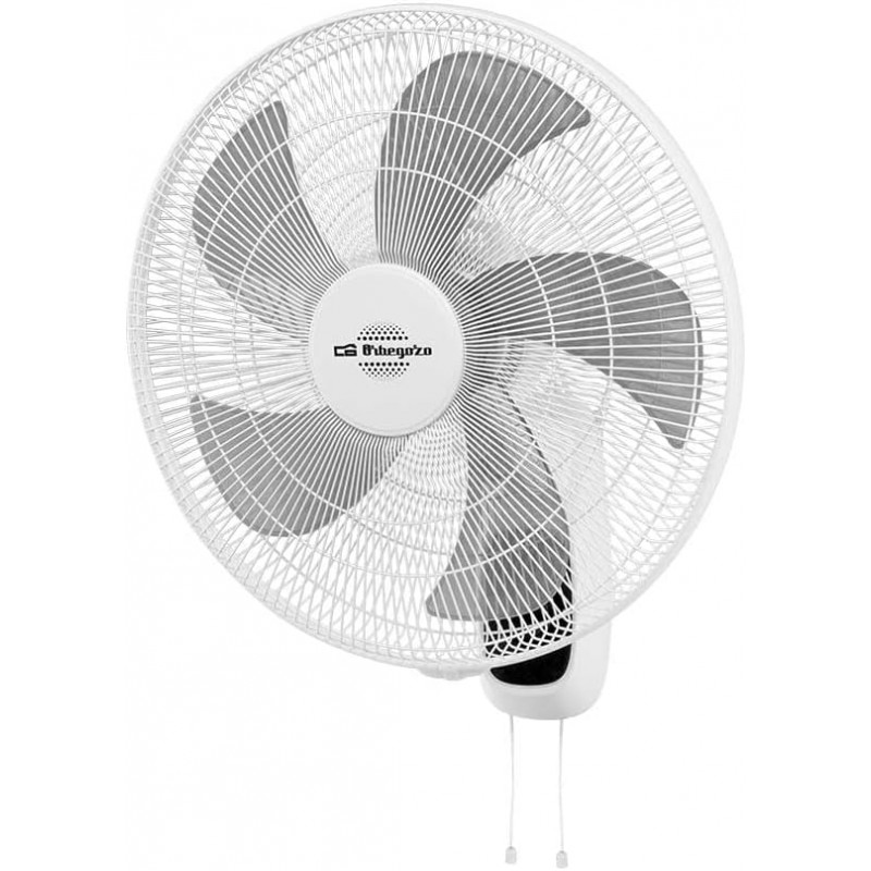 Ventilador de pared. Potencia: 60W. 5 aspas. Diametro 45 cm. 3 velocidades de ventilación. Función oscilante. Cabezal inclinable