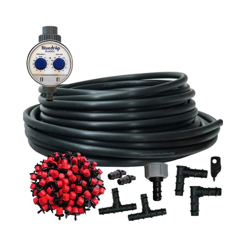 Automatic garden drip irrigation system, 25 meters. Includes 16 mm tubing, 25 drippers, timer, and installation accessories.