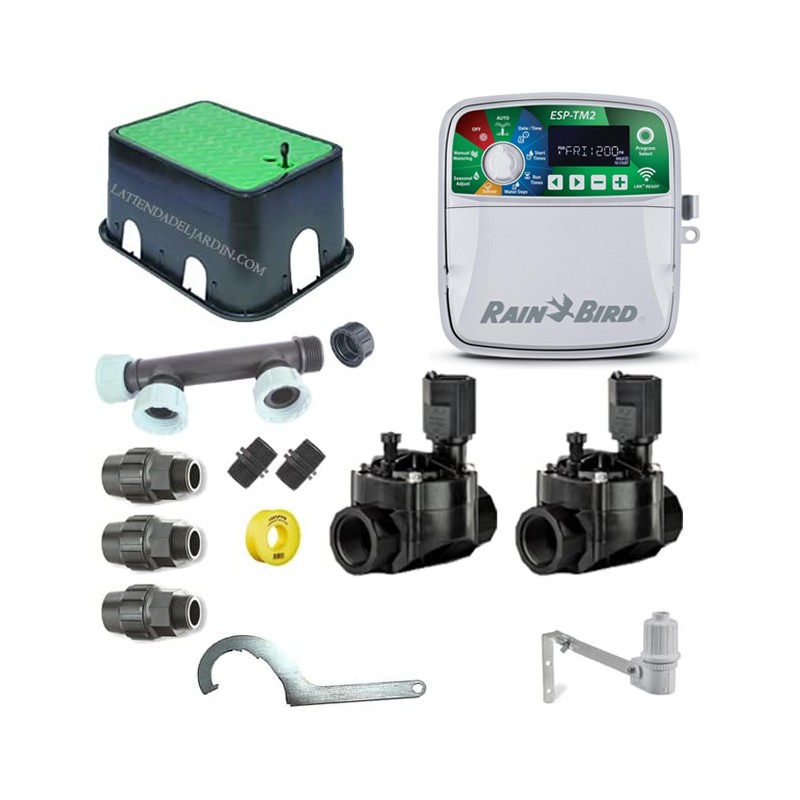Pack profesional de Riego Automático Rain Bird de 2 zonas 24v para tuberia 32mm, automatización de riego Pack profesional de Riego Automático Rain Bird de 2 zonas 24v para tuberia 32mm, automatización de riego