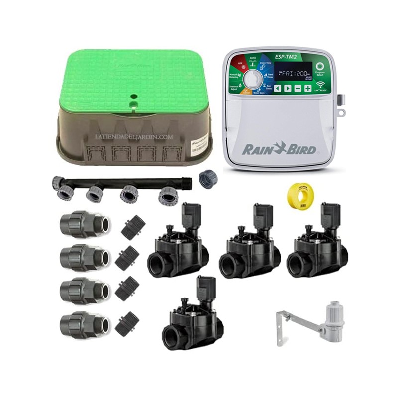 Kit profesional riego automático Rain Bird de 4 zonas 24v para tuberia 32mm