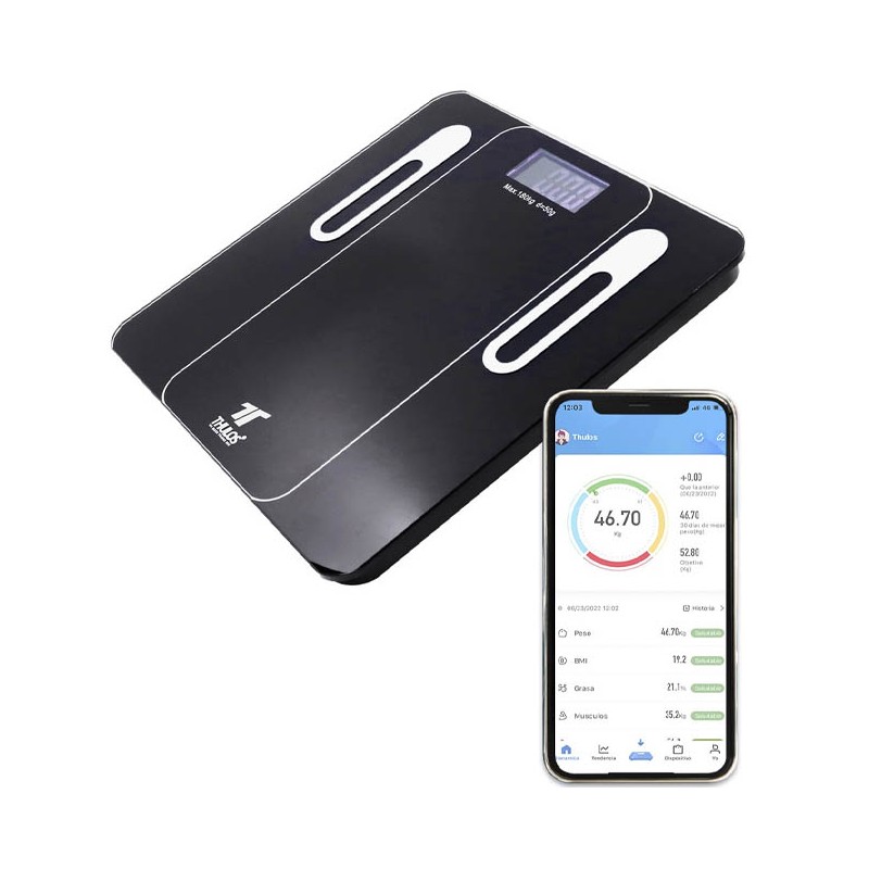 Thulos bathroom scale with BLUETOOTH, multiple measurements. App for iOS and Android.