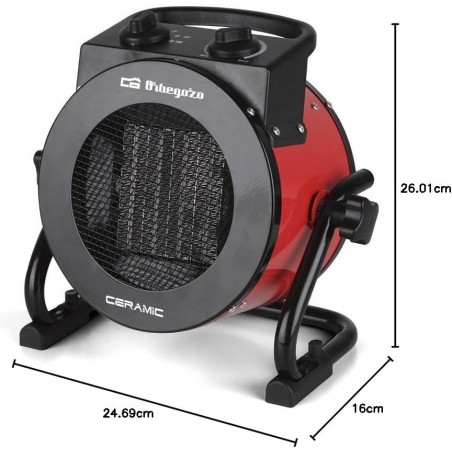 Orbegozo professional ceramic heater. Red, 2000W. Metal body. Adjustable temperature control.