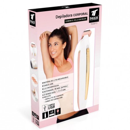 Removedor de pelos corporais Thulos, recarregável por USB, bateria com duração de 45 minutos, 3 pentes-guia.