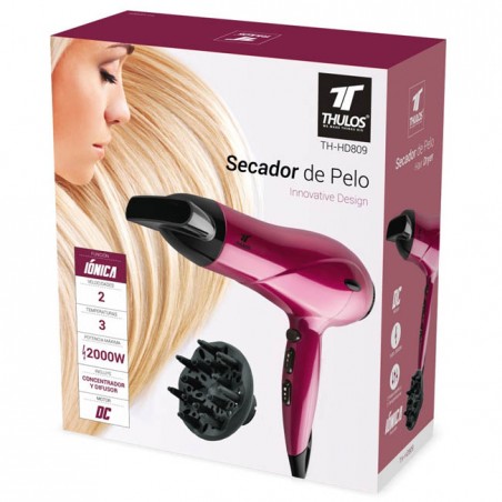 Sèche-cheveux ionique Thulos, avec 2 vitesses et 3 réglages de température. Concentrateur et diffuseur inclus.