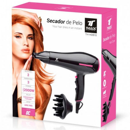 Thulos hair dryer, 2 speeds, 3 temperatures, 2000W, with diffuser and concentrator.