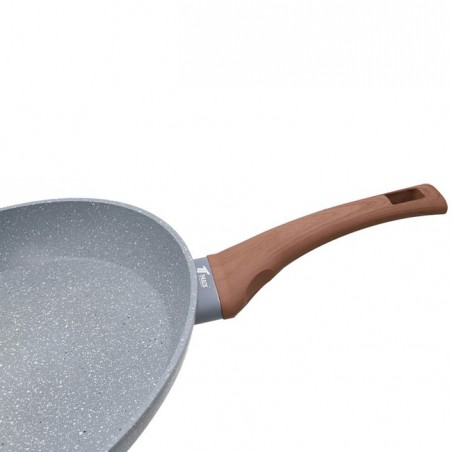 Thulos-Bratpfanne mit Antihaftbeschichtung in Steinoptik. Soft-Touch-Griff aus Bakelit in Holzoptik.