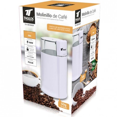 Moedor de café Thulos, capacidade de 50-60 gramas. Modelo branco.