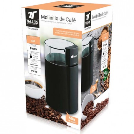 Moedor de café Thulos, capacidade de 50-60 gramas. Modelo preto.
