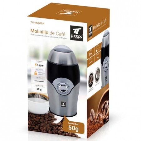 Moedor de café Thulos com capacidade para 50 gramas. Potência de 150 W.