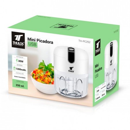 Mini processador USB Thulos, capacidade de 250 ml. Lâmina de aço inoxidável.