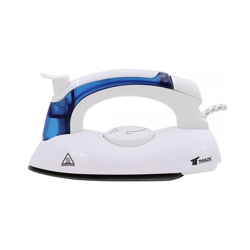 Thulos travel iron with folding handle, Power: 700W. Includes case and measuring cup.