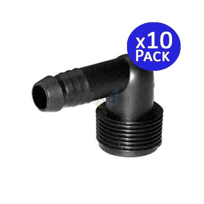 Gomito maschio a innesto rapido da 10 x 16 mm x 3/4". Utilizzato su tubo Rain Bird SPX Flex.