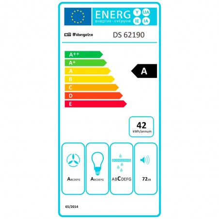 Orbegozo DS 62190 IN dekorative Dunstabzugshaube mit schwarzer Hartglasfront. 230-W-Motor. Energieklasse A.