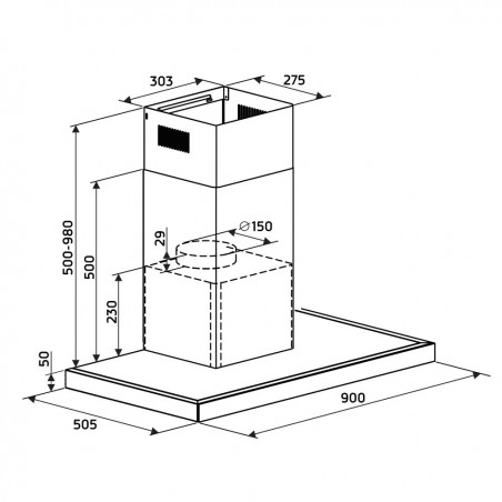 Orbegozo DS 62190 IN decorative hood with black tempered glass front. 230W motor. Energy class A.