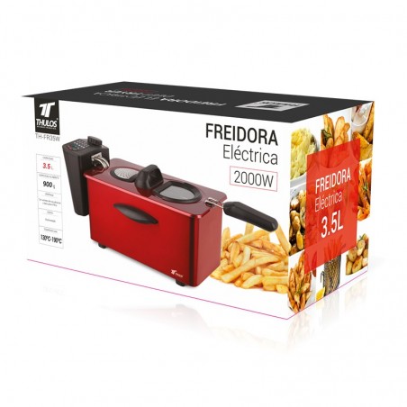 Red 3.5-liter oil fryer with temperature regulator, dishwasher safe, 2000 watts