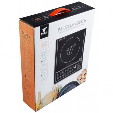 Placa de indução. Fogão elétrico de bancada de 1 zona com vidro preto e botões touch, 1000W-2000W, 40x32 cm