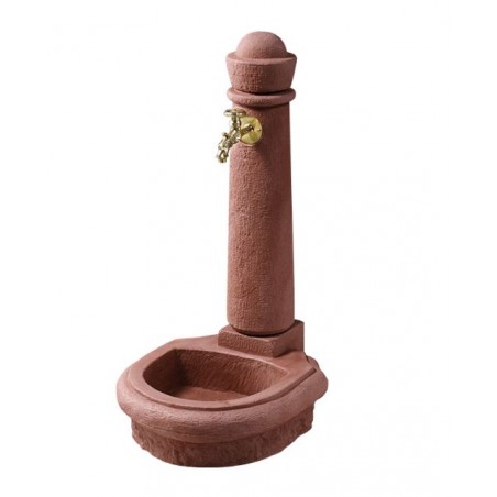 Reddish Roma stone garden fountain, imitating natural stone. Height 90 cm, Width 44 cm, and Depth 52 cm.