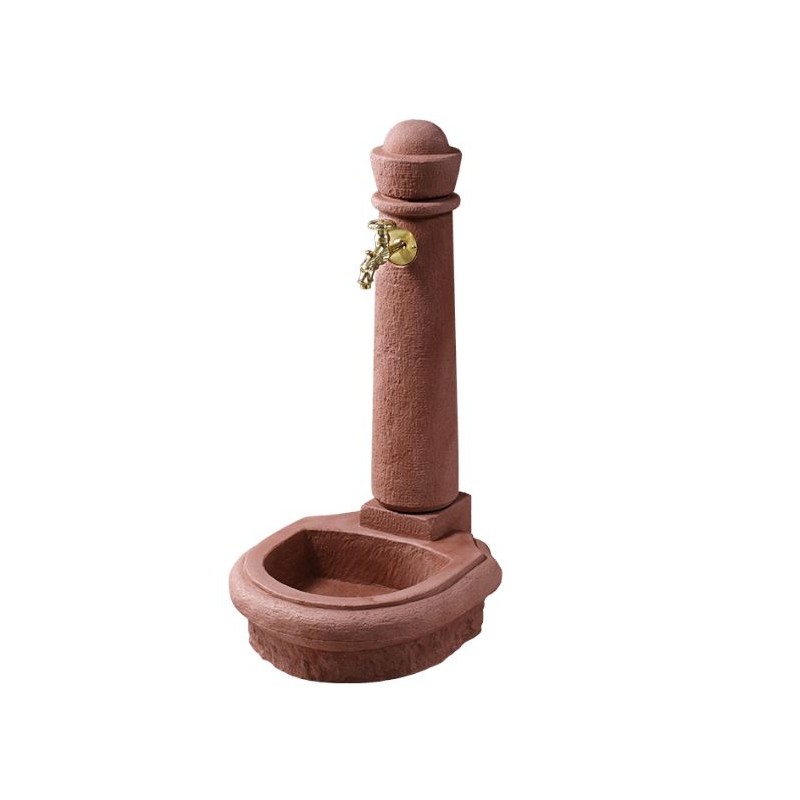 Reddish Roma stone garden fountain, imitating natural stone. Height 90 cm, Width 44 cm, and Depth 52 cm.